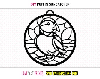 Acchiappasole a forma di pulcinella di mare SVG, Dxf, Png, Pdf, Eps, acchiappasole ornamentale a forma di uccello, silhouette tagliata al laser, clip art vettoriale, file di taglio