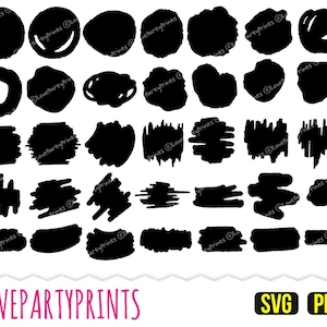May include: A set of 30 black and white SVG and PNG digital clipart images featuring various shapes and brushstrokes. The shapes include circles, ovals, and rectangles. The brushstrokes are abstract and organic.