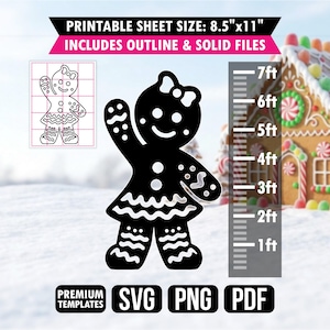 May include: A black silhouette of a gingerbread person with a bow, featuring decorative icing patterns on the arms, skirt, and legs. Includes a height scale from 1ft to 7ft, a printable sheet size of 8.5"x11", and labels for SVG, PNG, and PDF files.