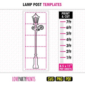 May include: A black and white lamp post template featuring a line drawing of a street lamp divided into sections for assembly. A vertical scale indicates heights from 1ft to 7ft. The text reads LAMP POST TEMPLATES, PRINT & CUT, and 8.5 x 11" PDF SHEETS.