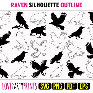 Bundle de contour de Silhouette de corbeau SVG, PNG, EPS, Pdf, modèle de conception graphique découpé au laser à la machine de découpe oiseau corbeau, téléchargement immédiat