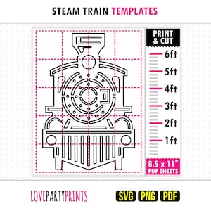 Puede incluir: Una plantilla de tren de vapor en blanco y negro con una cuadrícula superpuesta y una escala vertical de hasta 1,83 metros. El diseño incluye el texto STEAM TRAIN TEMPLATES, PRINT & CUT, 8.5 x 11" PDF SHEETS, LOVEPARTYPRINTS, SVG, PNG y PDF.