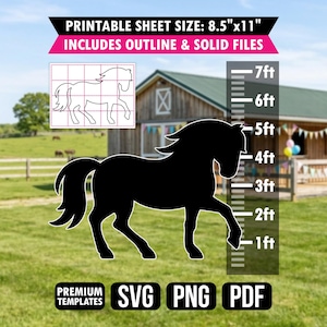 Könnte beinhalten: Eine schwarze Pferdesilhouette mit einer Höhenskala von 1ft bis 7ft. Das Bild enthält den Text PRINTABLE SHEET SIZE: 8.5"x11", INCLUDES OUTLINE & SOLID FILES, PREMIUM TEMPLATES sowie die Dateiformatbezeichnungen SVG, PNG und PDF.