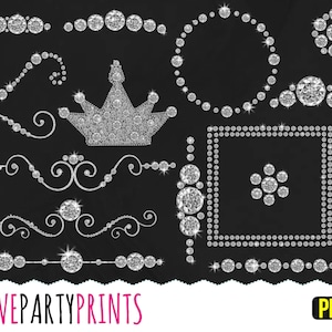 Diamond Borders Clipart, PNG files, Diamond Confetti Clipart, Gems Borders, Diamond Dividers, Diamond Tiara Clipart, Wedding Borders, (CA48)