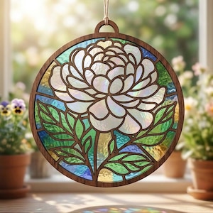 May include: A circular hanging ornament featuring a stained glass design of a white peony flower with green leaves. The piece is encased in a dark wood frame and suspended by a string, showcasing iridescent glass textures in blue and green tones.