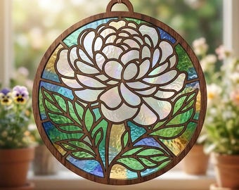Pfingstrosen-Sonnenfänger SVG-Datei, Buntglasblume, Laserschnittdatei, Gartenmuster, Vektor-Vorlage, botanische Vorlage