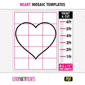 Mosaic Heart from Balloons Template PDF, 1ft, 2ft, 3ft, 4ft, 5ft, 6ft, Love Heart Mosaic, 8.5"x11" Printable PDF, Instant Download, BT60