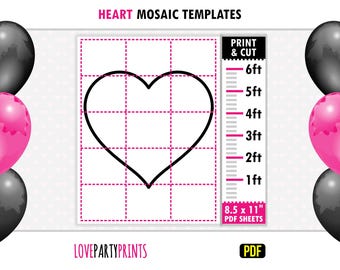 Mosaic Heart from Balloons Template PDF, 1ft, 2ft, 3ft, 4ft, 5ft, 6ft, Love Heart Mosaic, 8.5"x11" Printable PDF, Instant Download, BT60