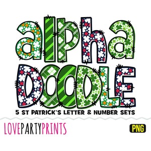 Bundle PNG de lettres et chiffres de la Saint-Patrick, alphabet majuscules et minuscules, sublimation police, police de Doodle irlandais patriotique FIVE BUNDLE, 204