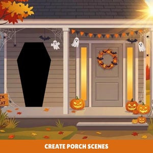 May include: A digital illustration of a house porch decorated for Halloween with a black coffin cutout, orange and black bunting, spider webs, ghosts, bats, a wreath, jack-o'-lanterns, a skeleton, and a sign that reads Trick or Treat.