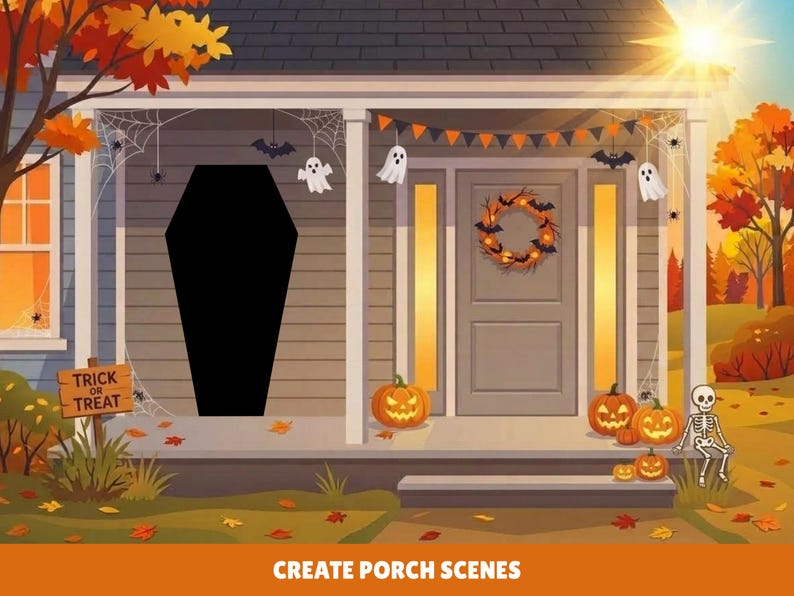 May include: A digital illustration of a house porch decorated for Halloween with a black coffin cutout, orange and black bunting, spider webs, ghosts, bats, a wreath, jack-o'-lanterns, a skeleton, and a sign that reads Trick or Treat.