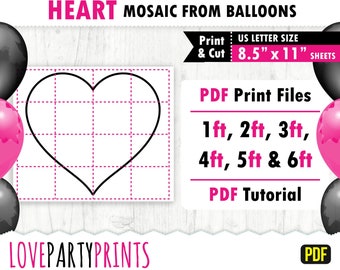 Mozaïek hart van ballonnen sjabloon PDF, 1ft, 2ft, 3ft, 4ft, 5ft, 6ft, Love Heart Mozaïek, 8,5"x11" afdrukbare PDF, Instant Download, BT60
