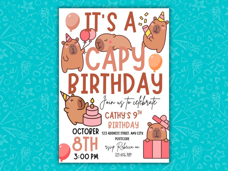 It’s A Capy Birthday Invitation, Cute Capybara Birthday Party Template, Editable Canva, Printable Kids Invite, Digital Download, Mobile, 5x7 image 1