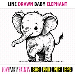 Baby Elefant SVG, Png, Pdf, Eps, Linie gezeichnet niedlich Safari Tier Clipart, Neugeborene Baby Shower Gliederung Clip Art, Instant Download, 1695