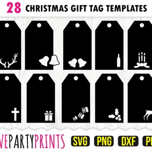 May include: Twenty-eight black and white Christmas gift tag templates with various holiday-themed illustrations, including reindeer, bells, candles, and a cross. The text "LOVEPARTYPRINTS" is at the bottom of the image, along with the file types "SVG, PNG, DXF, PDF".