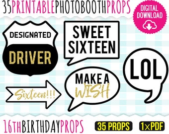 16th Birthday Printable Photo Booth Props + Sign - Speech Bubbles Party Props - Faux Gold Glitter - High Quality PDF Printable - 16PPA