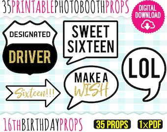 16th Birthday Printable Photo Booth Props + Sign - Speech Bubbles Party Props - Faux Gold Glitter - High Quality PDF Printable - 16PPA