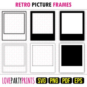 Op de afbeelding: Set van zes zwart-witte retro fotolijsten. De lijsten zijn in Polaroid-stijl met een witte rand en een zwarte binnenlijst. De lijsten zijn perfect om een vintage touch aan je foto's te geven.