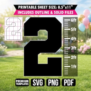 May include: A digital template of the number 2 in a bold, block font. The image displays a solid black version, an outline version on a grid, and a vertical scale marked from 1ft to 6ft. Text includes PRINTABLE SHEET SIZE: 8.5"x11" and SVG PNG PDF.