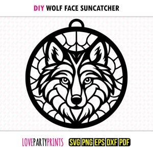 Acchiappasole a forma di faccia di lupo in formato SVG, DXF, PNG, PDF, Eps, acchiappasole a forma di faccia di lupo, ornamento da appendere alla cabina, sagoma vettoriale tagliata a macchina laser, 1465