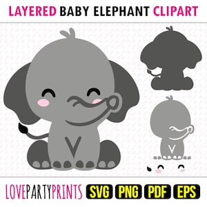 Kids Baby Elephant Clipart SVG, PNG EPS Pdf, Cute Safari Animals Clip Art, Layered Vector Machine Cut Template, Instant Download