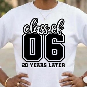 May include: A white long-sleeve sweatshirt featuring a black graphic print on the chest. The text reads "class of 06" in a stylised script font above large block numbers "06" and the phrase "20 YEARS LATER" in a bold sans-serif font.