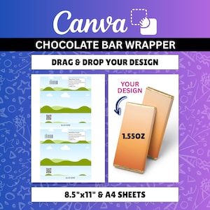 May include: A digital template for a 44g chocolate bar wrapper featuring a blue and green landscape design with nutrition facts, a barcode, and a QR code. The layout includes instructions to drag and drop designs onto A4 sheets and 8.5 inch by 11 inch paper.