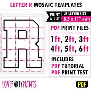 Letra R cuadrada, mosaico de globos, plantilla de mosaico, 1 pie, 2 pies, 3 pies, 4 pies, 5 pies, 6 pies, letras de mosaico, 8,5" x 11" PDF, descarga instantánea, BT32