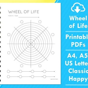 Wheel of Life Tracker, Life Goals, Self Improvement, Printable Inserts, A4, A5, US Letter, Classic Happy, 4 PDFs, (P13)