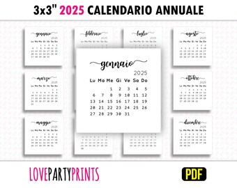 3x3 Mini Calendario 2025 Annuale Italian PDF Stampa in formato A4 e Letter Size e domenica Inizio settimana Download digitale minimalista