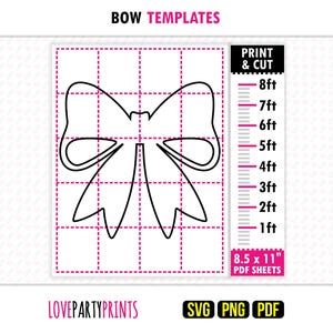 May include: A black and white bow template design with a grid background. The image includes a ruler for print and cut measurements, ranging from 1 to 8 feet. Text includes "BOW TEMPLATES", "PRINT & CUT", and "8.5 x 11" PDF SHEETS".
