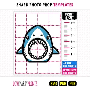 May include: A shark photo prop template with a cartoon shark head in blue and white. Includes a print and cut ruler in feet, and options for A4 and letter-size PDF sheets. The text "SHARK PHOTO PROP TEMPLATES" is at the top.