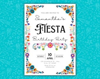 Sjabloon Fiesta-verjaardagsuitnodiging | Bewerkbaar canvas | Mexicaans feestthema | Verjaardag voor kinderen of volwassenen | Digitale download | Afdrukbare uitnodiging