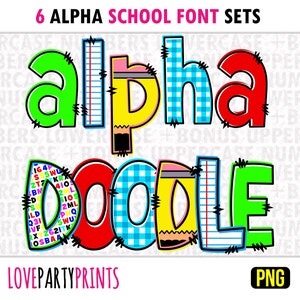 Back to School alfabet doodle-bundel, hoofdletters en kleine letters, schoolsublimatie PNG-lettertype, Instant Download, SIX Font BUNDEL, ca.187