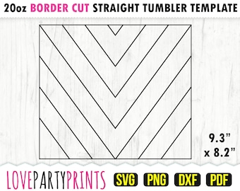 May include: Black and white chevron pattern template for a 20oz straight tumbler. The template measures 9.3 inches by 8.2 inches.