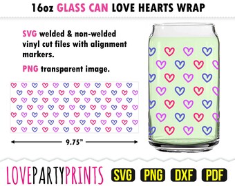 Harten glas kan SVG, DXF, PNG, Pdf, bier inpakken Svg, glas bier kan inpakken Svg, Mini Boho harten Wrap, 16oz glas kan sjabloon, GC1 verpakken