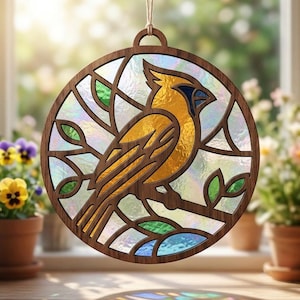 May include: A circular wooden suncatcher featuring a stained glass cardinal bird in shades of yellow and blue. The design includes iridescent glass panels and green leaf accents within a dark wood frame, suspended by a thin string for display.