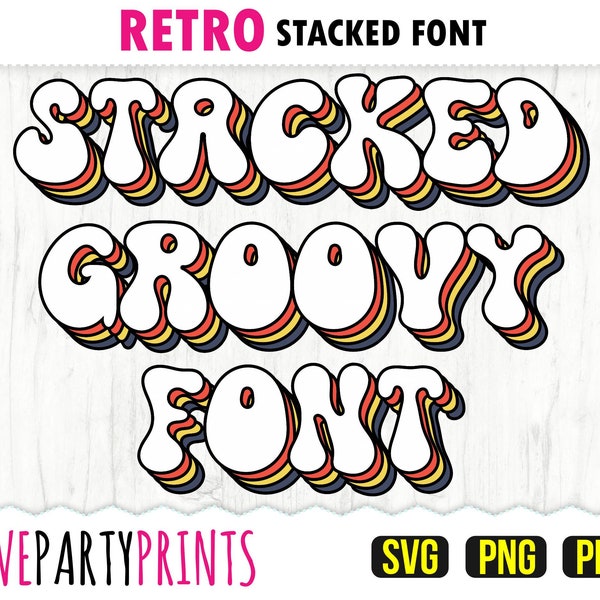 Retro Stacked Font SVG, PNG, Pdf, Full Alphabet and Numbers, Groovy Retro Font, Clipart Font, Vector Font, Vintage Shadow Layered Font, 1264
