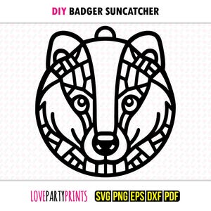 May include: Black and white DIY badger suncatcher design. The badger's head is depicted with intricate geometric patterns. The text "DIY BADGER SUNCATCHER" is at the top, and "LOVEPARTYPRINTS" and file type icons are at the bottom.