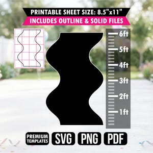 Op de afbeelding: Een zwart golvend verticaal sjabloon met een hoogteschaal gemarkeerd van 1ft tot 6ft. De afbeelding bevat tekst met PRINTABLE SHEET SIZE: 8.5"x11", INCLUDES OUTLINE & SOLID FILES, PREMIUM TEMPLATES, SVG, PNG, PDF en een rasterdiagram.