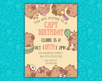 Capy Birthday Kids Party Invitation Template | Cute Capybara Birthday Invite | Editable Canva | Digital Download | Fun Animal Theme | Mobile