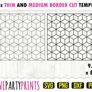 May include: Two black and white geometric patterns, one with a thin border and one with a medium border. The patterns are 9.3 inches by 8.2 inches. The text "20oz THIN AND MEDIUM BORDER CUT TEMPLATE" is at the top of the image. The text "LOVEPARTYPRINTS SVG PNG DXF PDF" is at the bottom of the image.