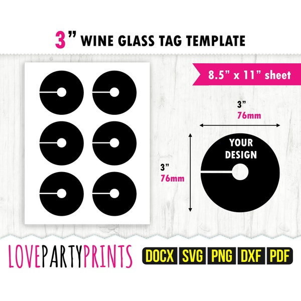 Wine Glass Tag Template Svg, Pdf, Png, Dxf, 3" Blank Template, 8.5"x11", Ms Word Docx, Blank Tag Template, US Letter Printable Pdf, CA132