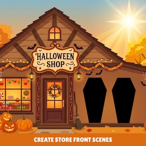 May include: A brown wooden Halloween shop storefront with a sign reading HALLOWEEN SHOP, orange garlands, two black coffin-shaped cutouts, a broom, a window display of candy, and jack-o'-lanterns on the ground under a bright sun and autumn trees.