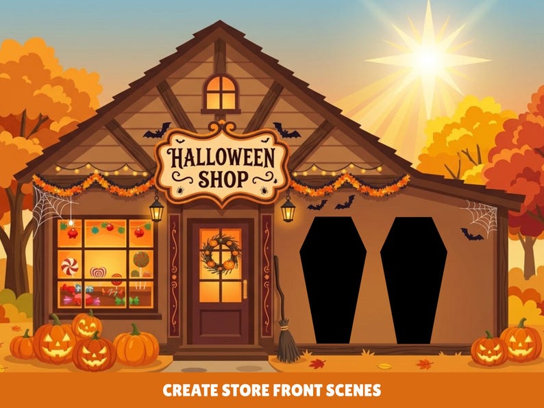 May include: A brown wooden Halloween shop storefront with a sign reading HALLOWEEN SHOP, orange garlands, two black coffin-shaped cutouts, a broom, a window display of candy, and jack-o'-lanterns on the ground under a bright sun and autumn trees.