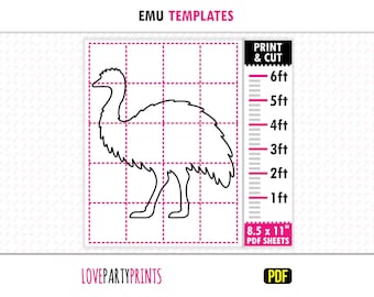 エミューシルエットPDF、プリント＆トレース、ファームウォールヤードアートデコレーション小道具、1フィート～6フィート、印刷可能なテンプレート、すぐにダウンロード
