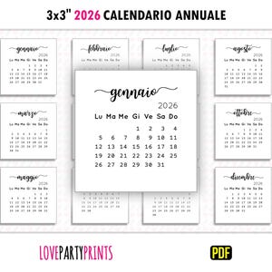 3x3 Mini Calendario 2026 Annuale Italian PDF Stampa in formato A4 e Letter Size e domenica Inizio settimana ダウンロード デジタル ミニマリスト