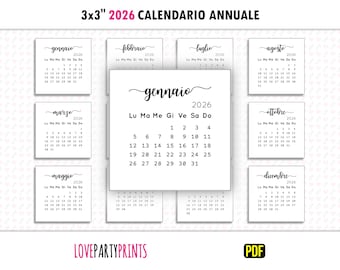 3x3 Mini Calendario 2026 Annuale Italiano PDF Stampa in formato A4 e Letter Size e domenica Inizio settimana Download digitale minimalista