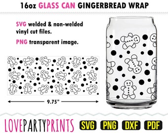 Gingerbread Man Glass Can Wrap SVG DXF PNG Pdf, Kerst Full Wrap Svg, Feestelijke Gingerbread Cookies kunnen Svg inpakken, 16oz Can Glass Wrap, GC19