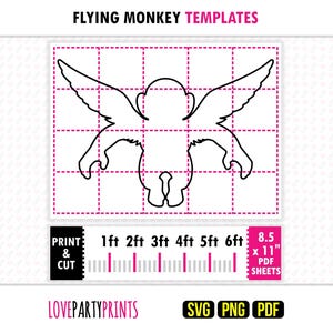 Może przedstawiać: Czarno-biały szablon latającej małpy ze skrzydłami, ramionami i nogami, na tle siatki. Obraz zawiera tekst "FLYING MONKEY TEMPLATES", "PRINT & CUT" oraz wskaźniki pomiaru od 0,3 m do 1,8 m. Zawiera również "8.5 x 11" PDF SHEETS" i ikony typów plików.